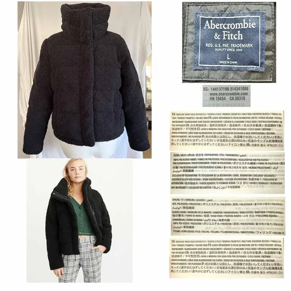 Abercrombie and Fitch A&F Women Large Black Sherpa Mini Puffer Jacket EUC - Picture 1 of 12